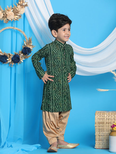 Boy's' Green Bandhni Print Kurta And Rose Gold Patiyala Set